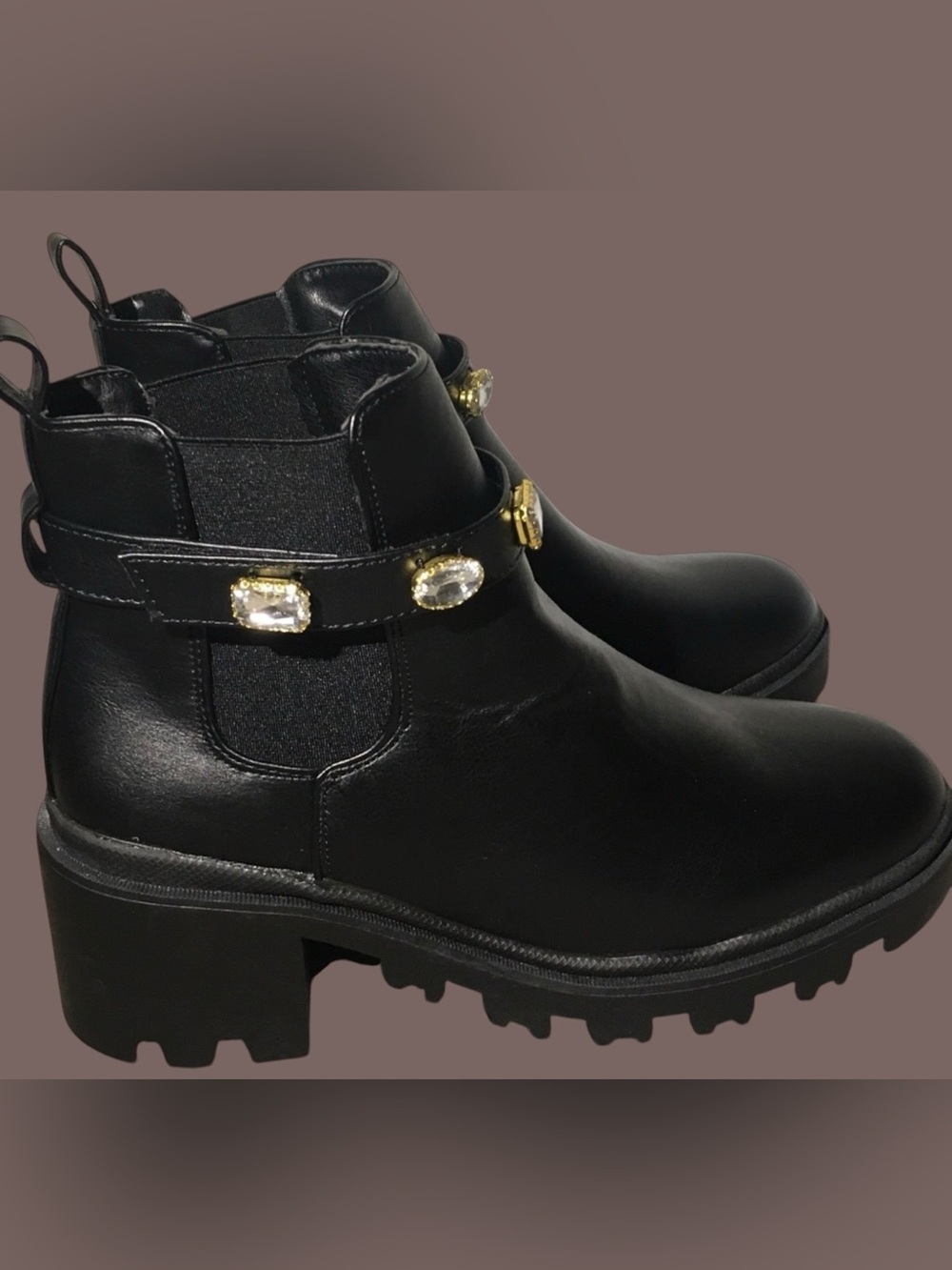 Nicole Miller Black Chelsea Ankle
Boots Rhinestone Strap Block Heel Lug Sole 6